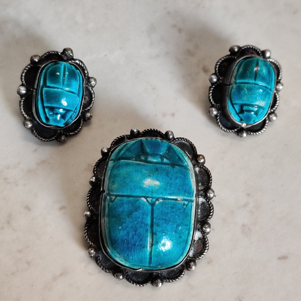 Antique Egyptian Scarabs Earrings and Brooch Set Silver Blue Faience